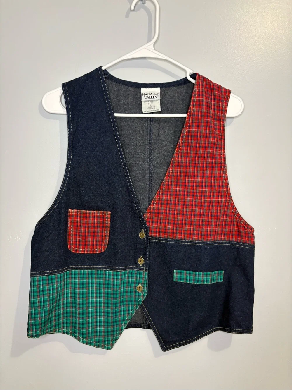 Vintage Napa Valley Plaid Patchwork Vest Denim Red Green Women’s Medium Light - Picture 5 of 13